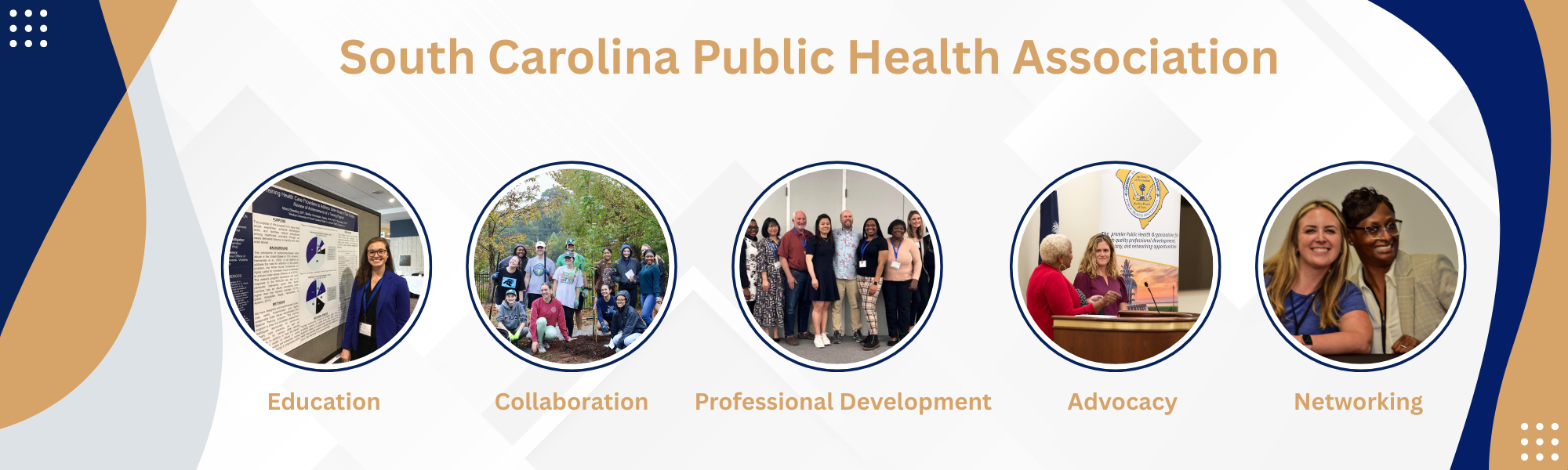 SCPHA Web Banner, highlighting education, collaboration, professional development, advocacy and networking 